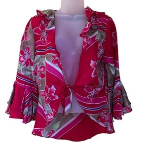 Crop Top Sz L Silk Ruffle Tropical Floral Front Tie New Tommy By Tommy Hilfiger